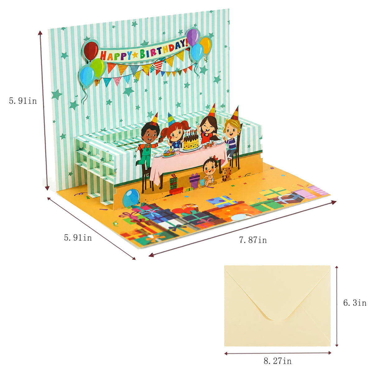 3D Pop-Up Party Table Birthday Card — CC-PH-010 card size guide