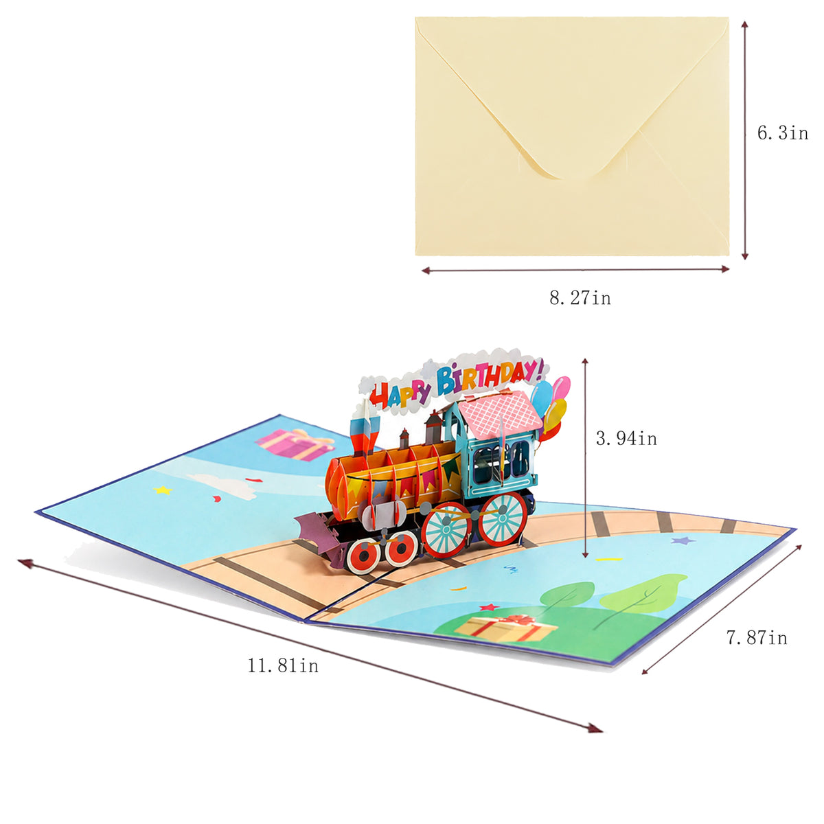 Birthday Train Pop-Up Greeting Card — CC-PH-018 card size guide