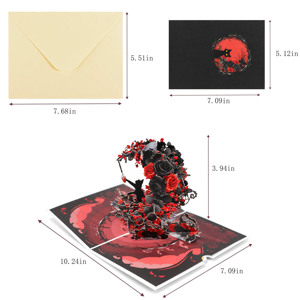Gothic Rose Bouquet Pop-Up Card — card size guide