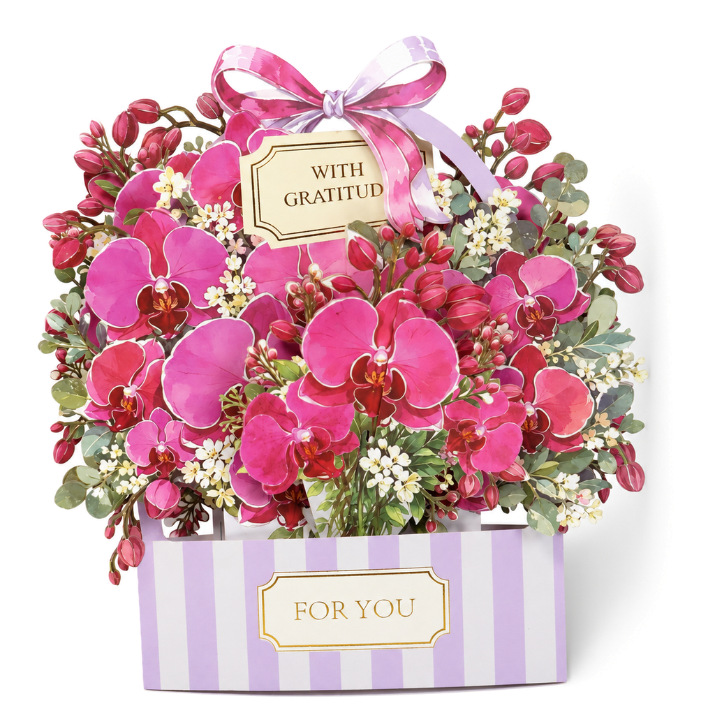 Burgundy Orchid Gift Box Pop-Up Card — open 3D pop-up card view