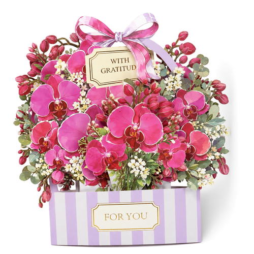 Burgundy Orchid Gift Box Pop-Up Card — open 3D pop-up card view