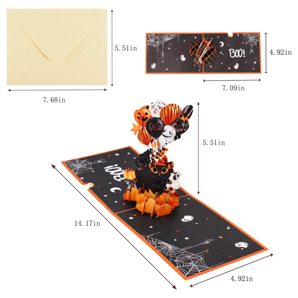Halloween Black Cat Balloon Pop-Up Card — card size guide