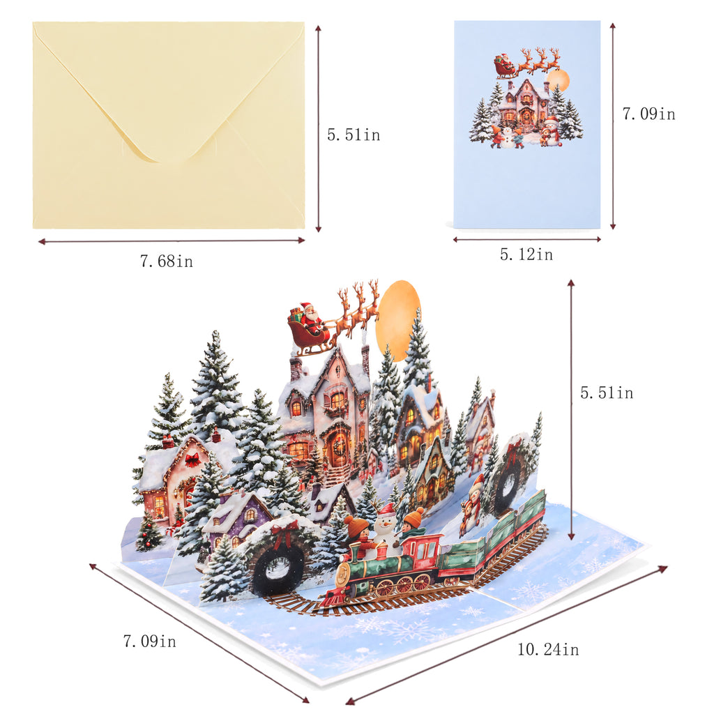 Snowy Christmas Village Pop-Up Card — card size guide