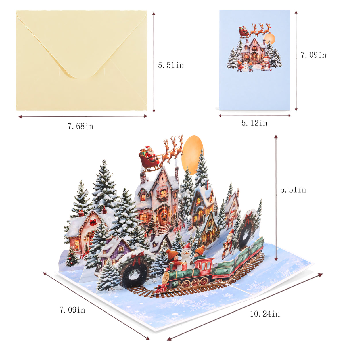Snowy Christmas Village Pop-Up Card — card size guide
