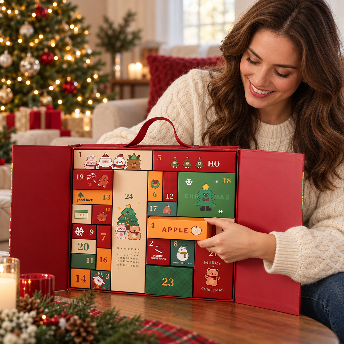 Christmas advent calendar gift box in a holiday living room