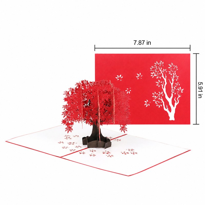 Red maple tree pop-up card and closed red cover with card-size measurements