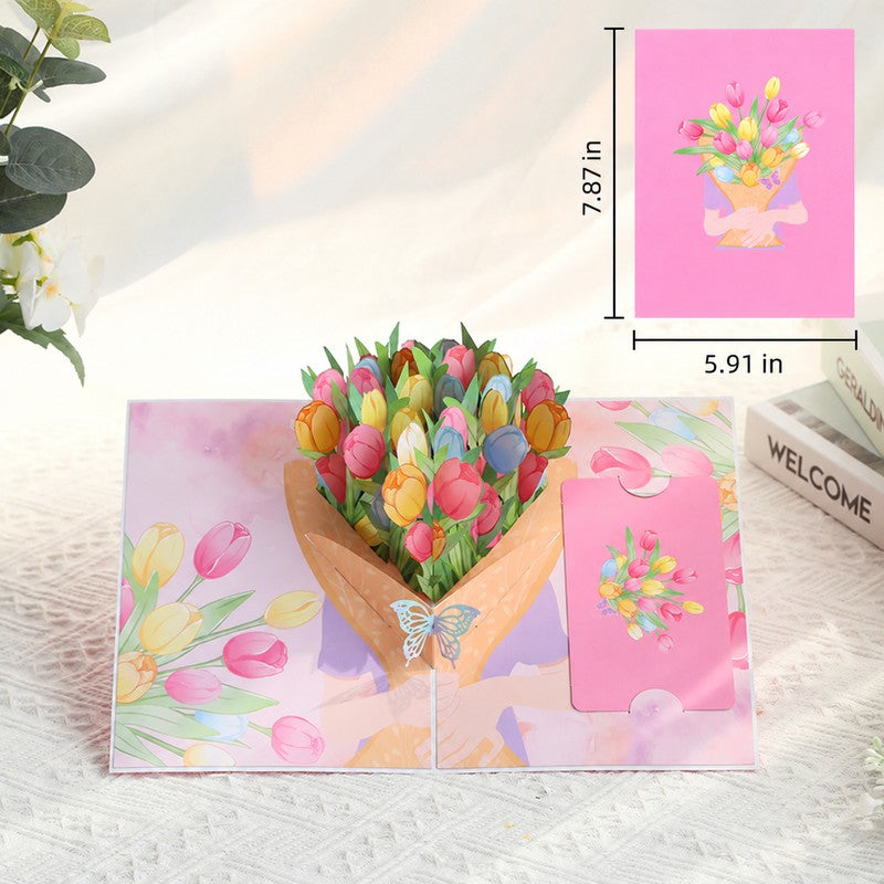 Red Pink Tulip Bouquet Pop-Up Card