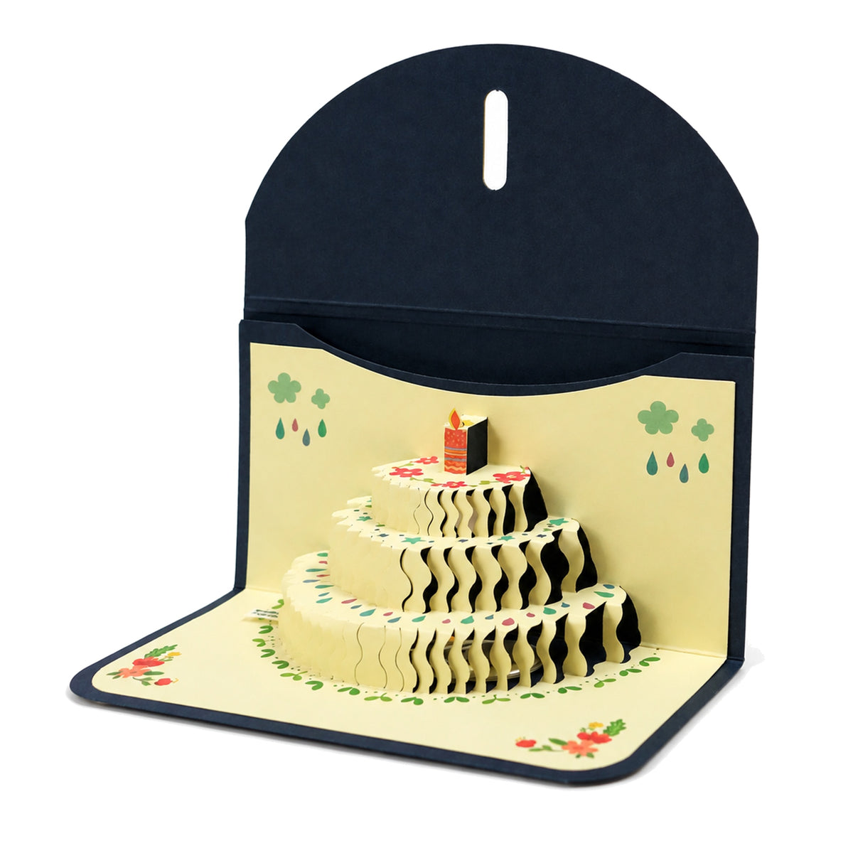 Navy Envelope Pop-Up Birthday Cake Card — open card front view