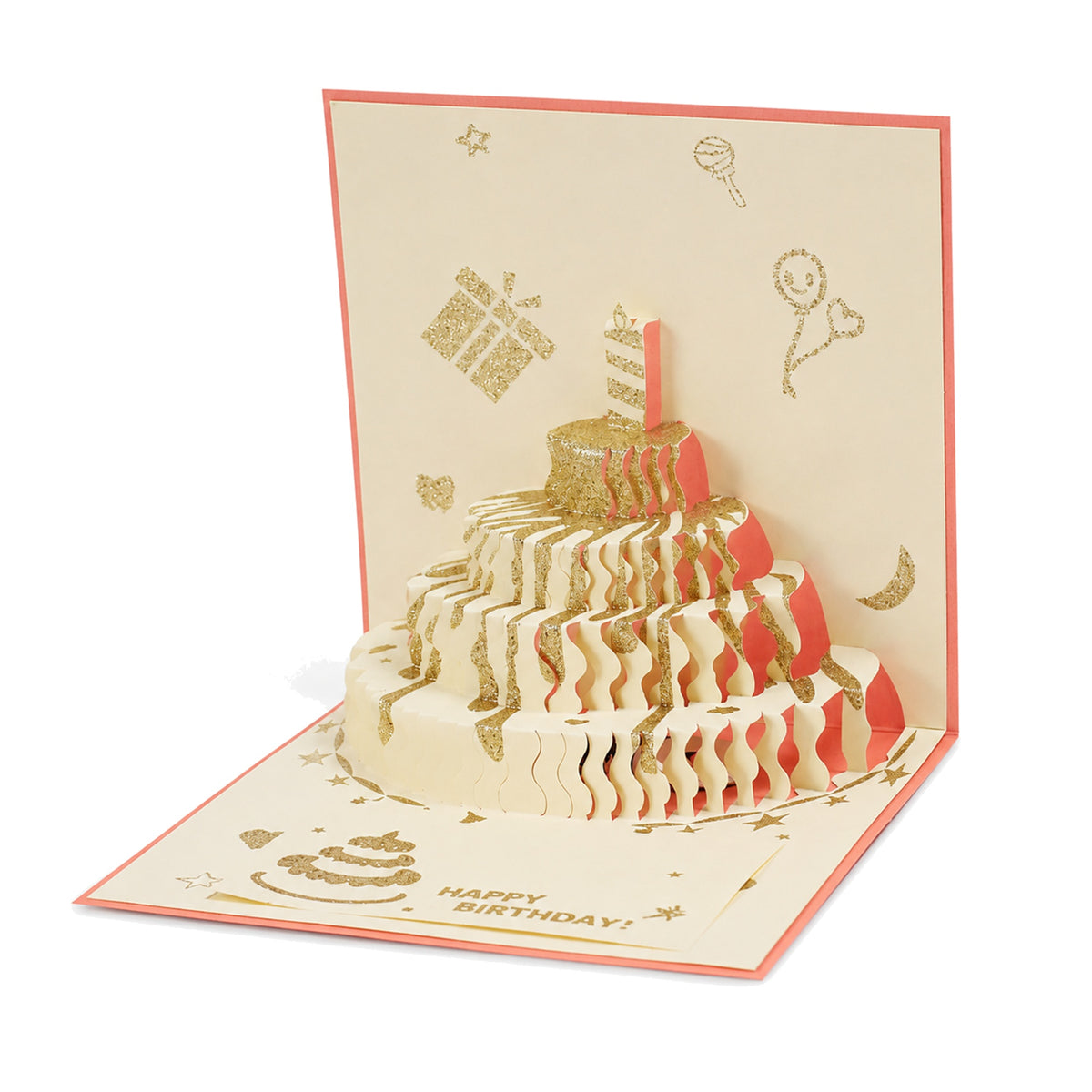 Peach and Gold Pop-Up Birthday Cake Card — open card front view