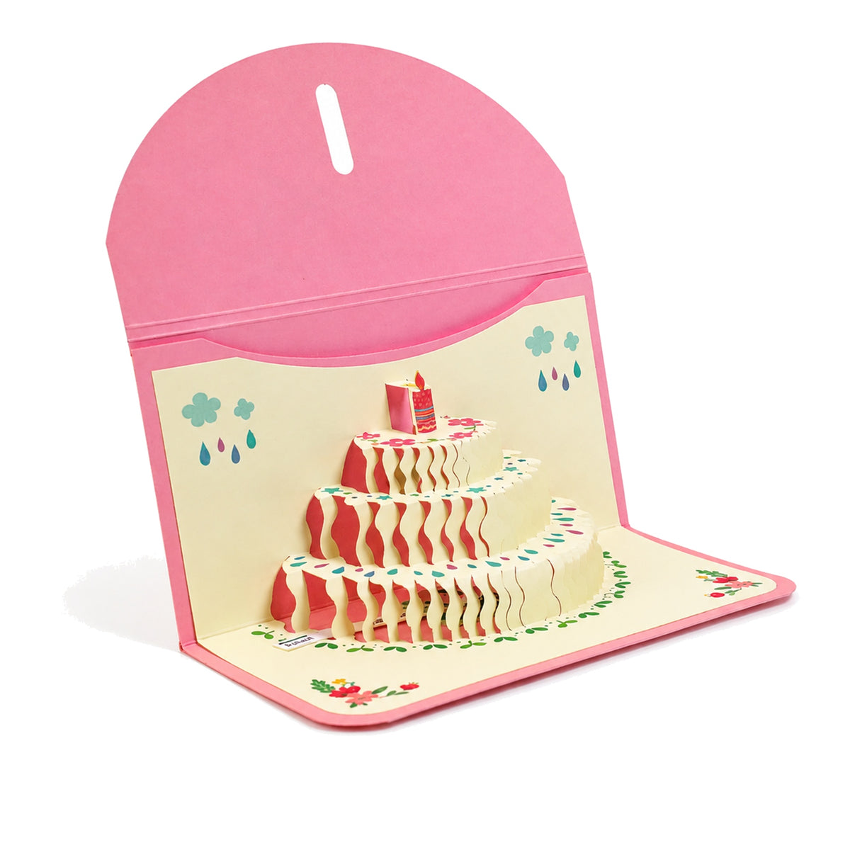 Pink Envelope Pop-Up Birthday Cake Card — open card front view