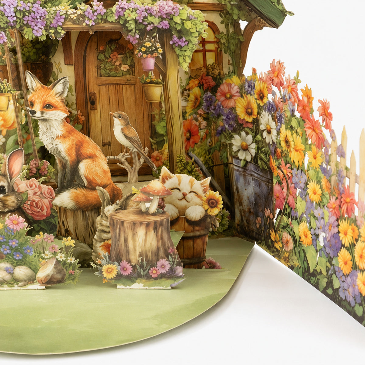Pop-upwenskaart met boshuisje — detail van het papierontwerp