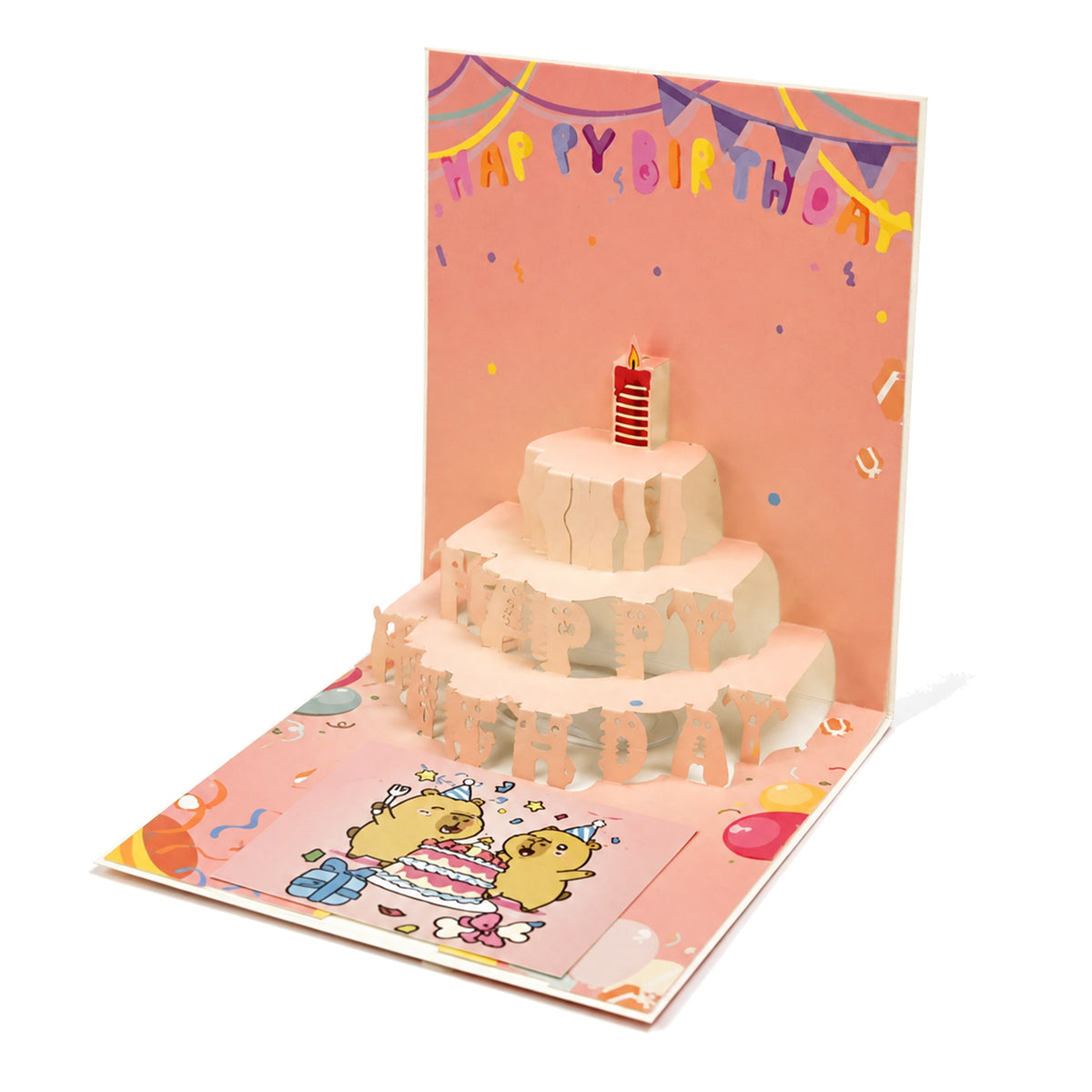 Peach Party Pals Pop-Up Birthday Card — open card front view