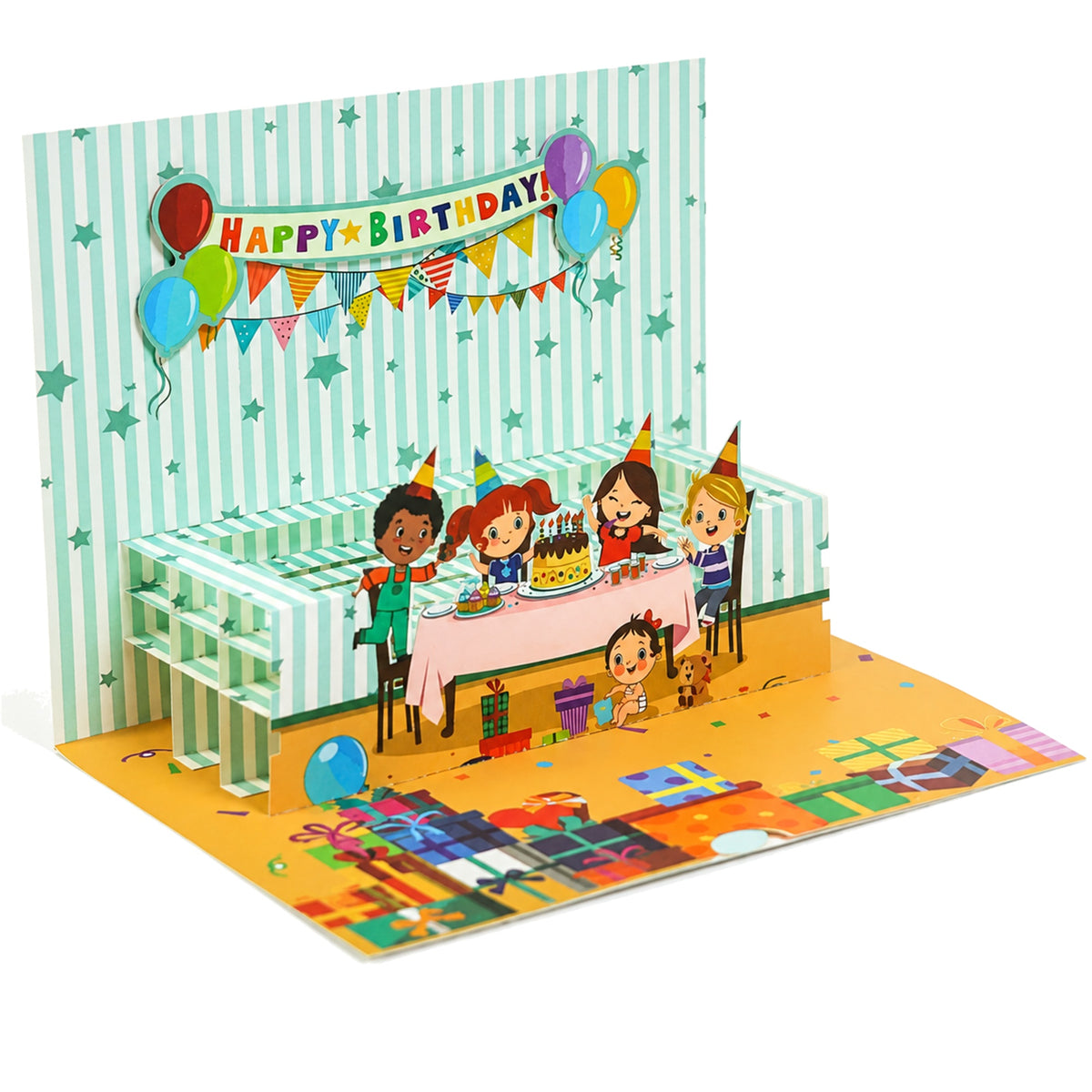 Mint Party Table Pop-Up Birthday Card — open card front view