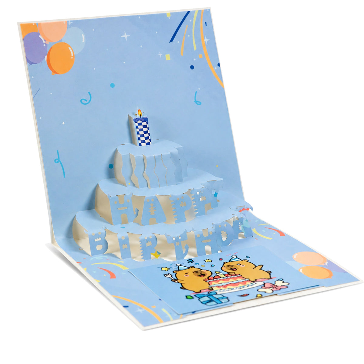 Sky Blue Party Pals Pop-Up Birthday Card — open card front view