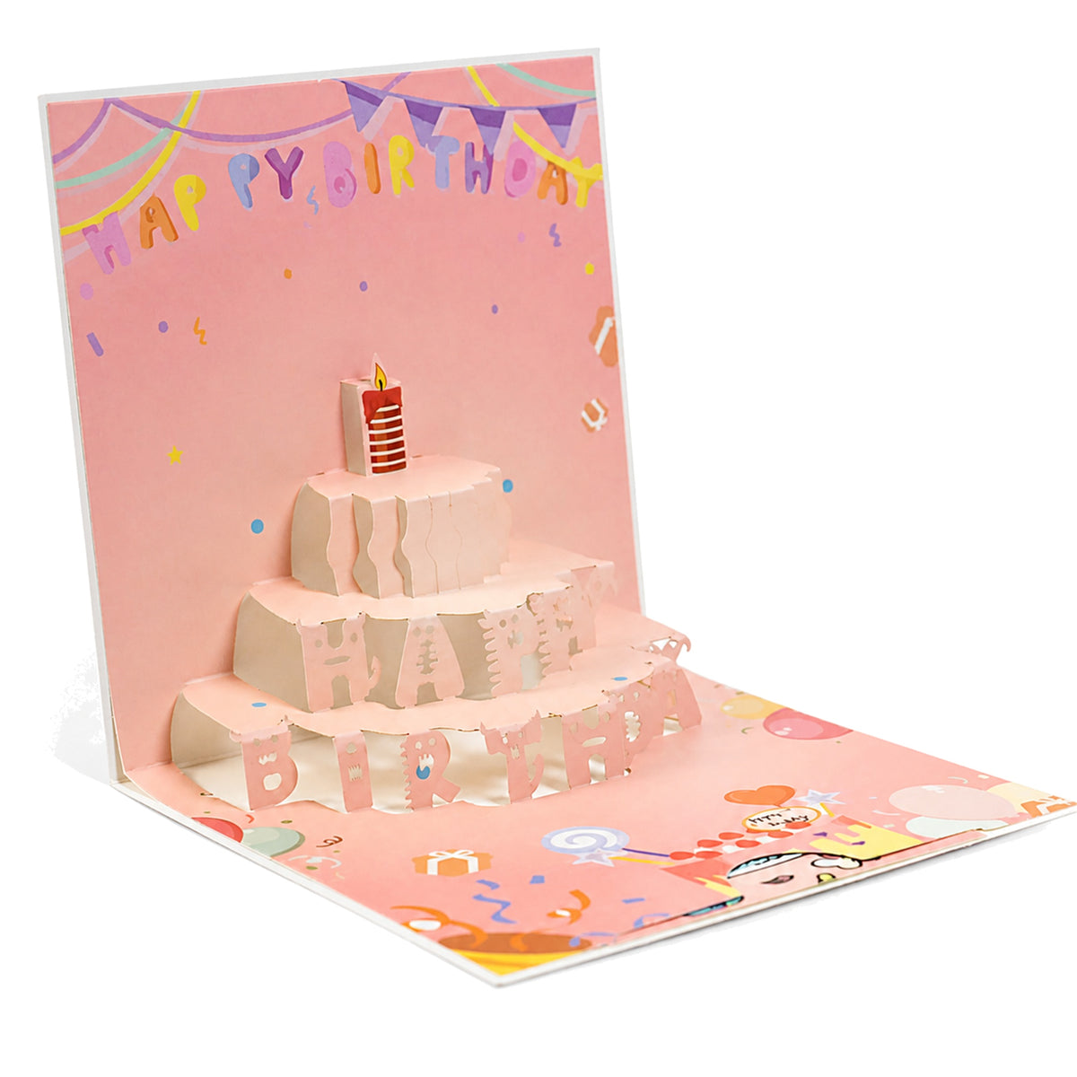 Pink Confetti Cake Pop-Up Birthday Card — open card front view