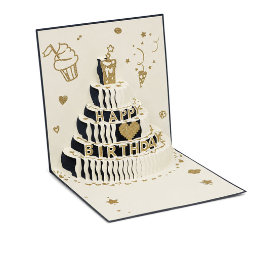 Black and Gold Pop-Up Birthday Cake Card — open card front view
