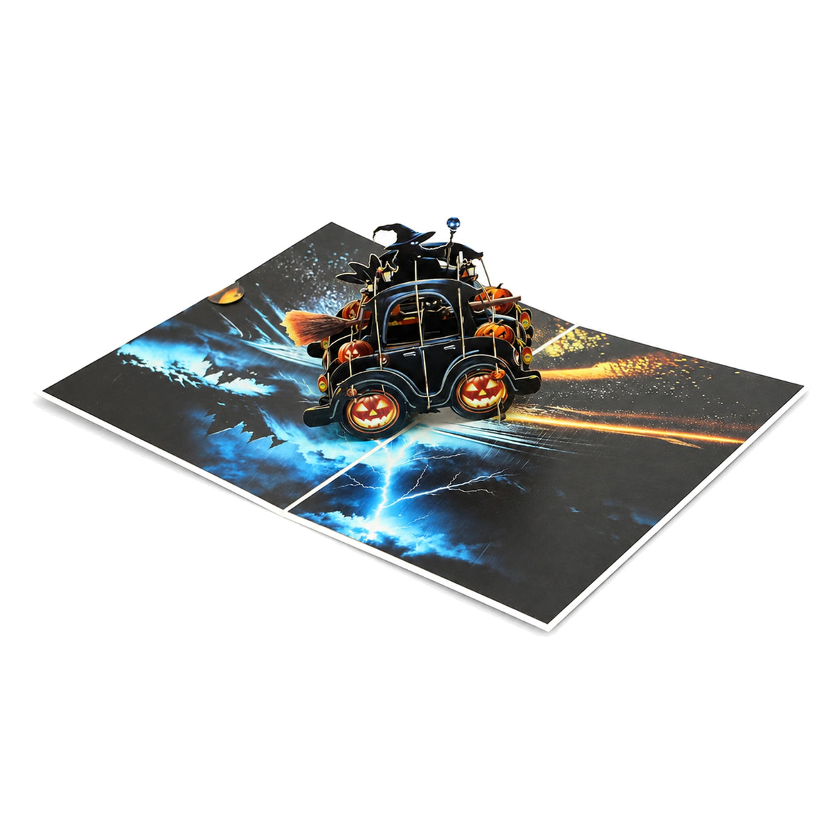 Halloween Pumpkin Car Pop-Up Card — open card front view