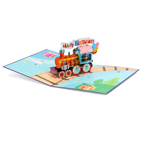 Birthday Train Pop-Up Greeting Card — open card front view
