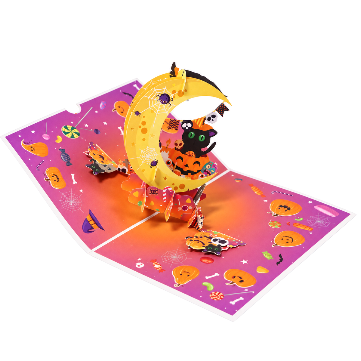 Tarjeta pop-up con escena de Halloween bajo la luna