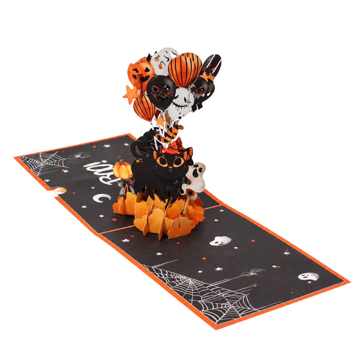 Halloween Black Cat Balloon Pop-Up Card — 3D pop-up card product view