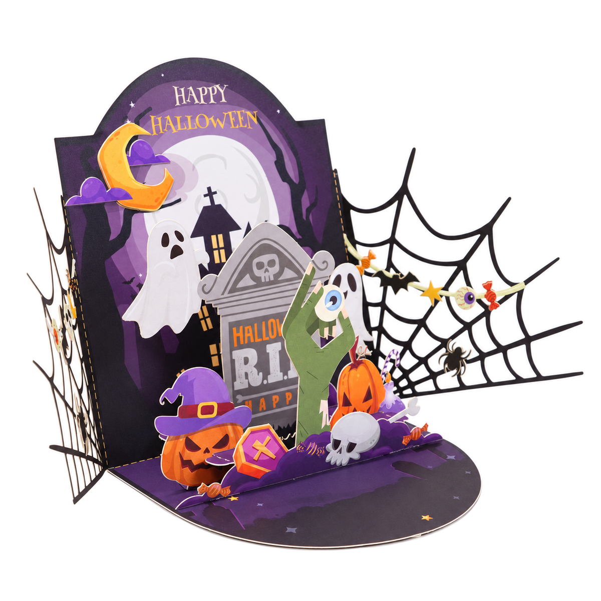 Tarjeta pop-up Feliz Halloween con cementerio